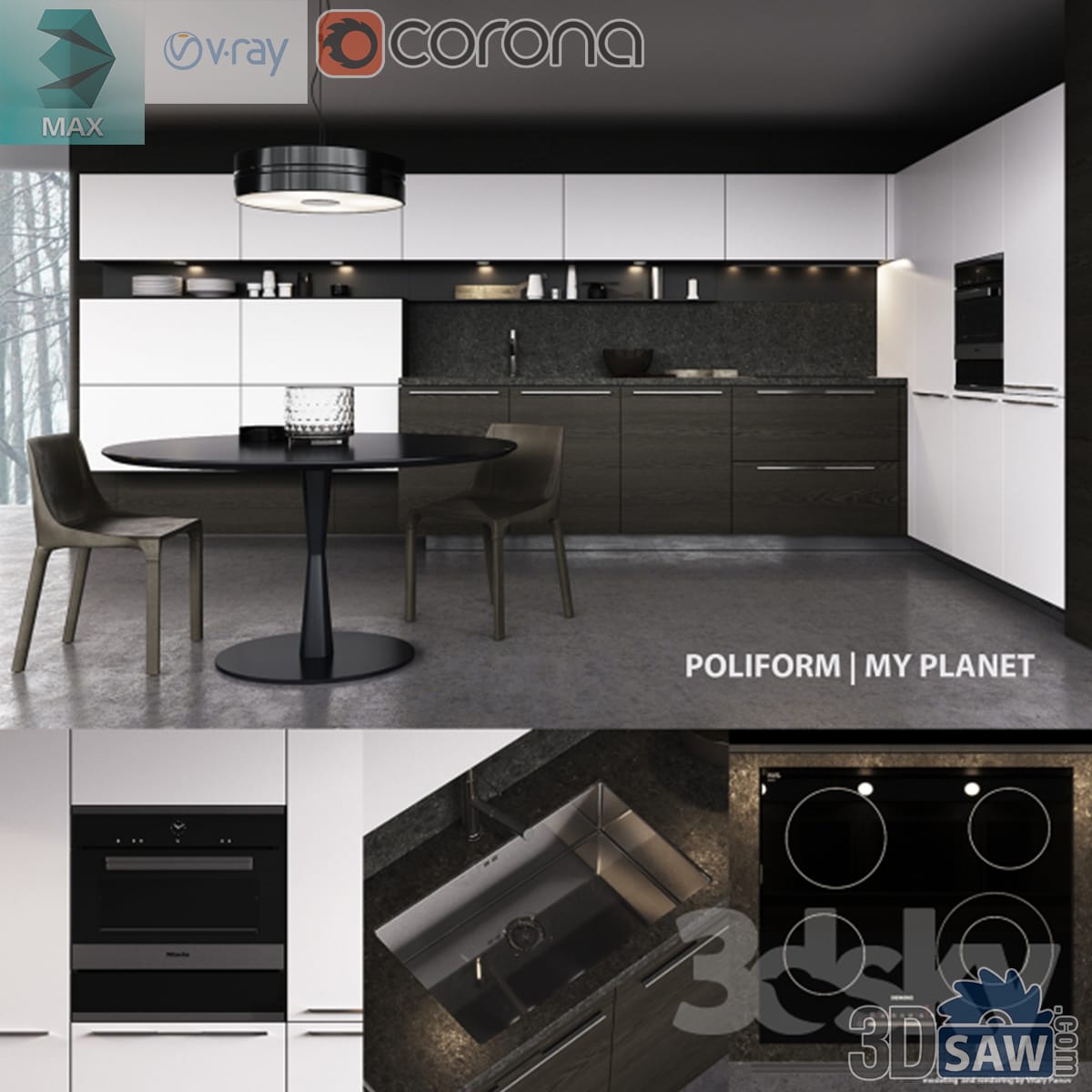 White and dark wood kitchen with a black round pedestal table and drum pendant