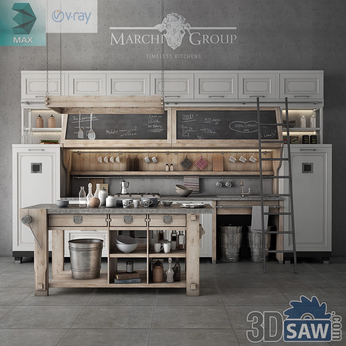 Download 3ds Max Rustic Reclaimed Wood Kitchen 3D Model Rustic kitchen in reclaimed wood with chalkboards, library ladder, zinc buckets and prep island