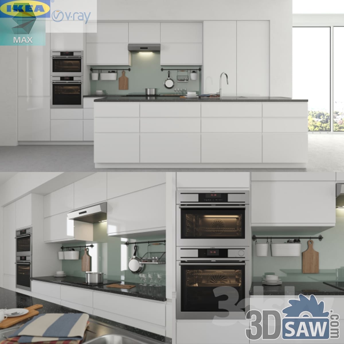 Download 3ds Max Modern White Gloss Kitchen 3D Model Modern white high-gloss handleless kitchen with double wall ovens, wide island and garden window
