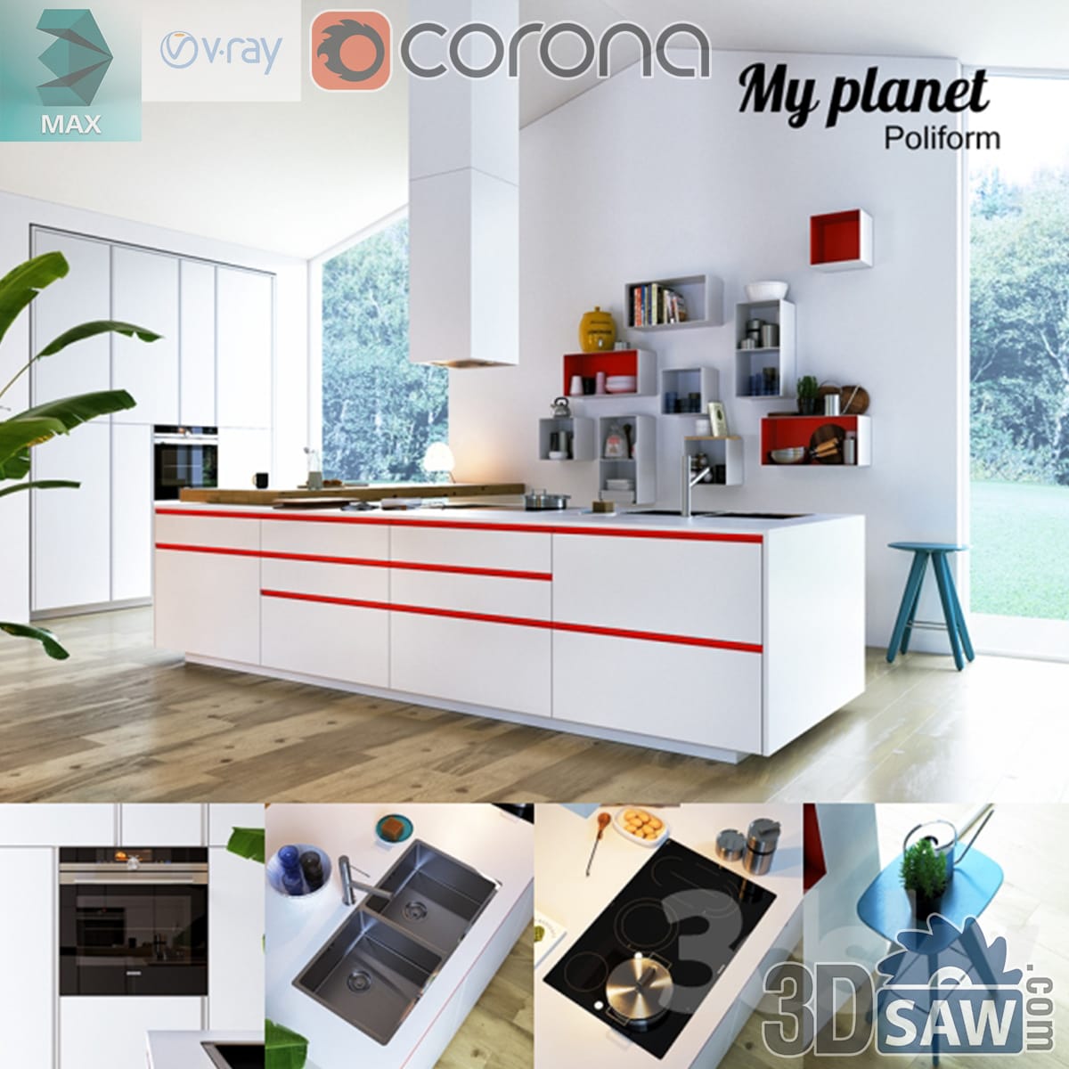 Modern white kitchen with red accent inlays, floating island, wall boxes and a blue stool
