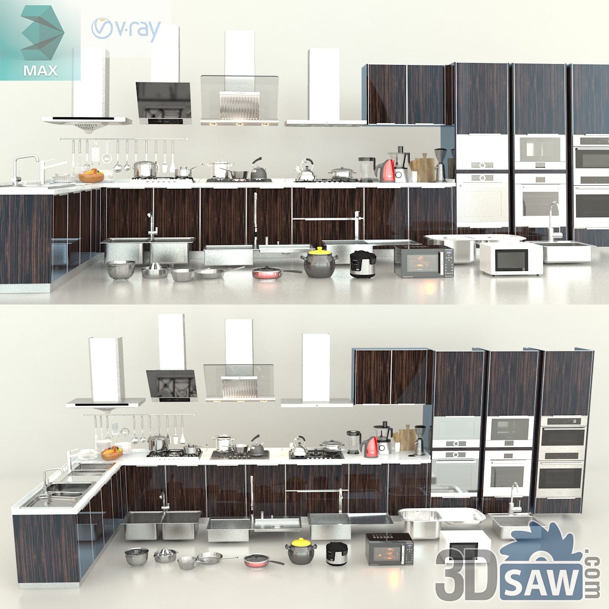 Download 3ds Max Modern Ebony Wood L-Shaped Kitchen 3D Model Modern L-shaped ebony wood kitchen packed with small appliances, cookware and stacked ovens
