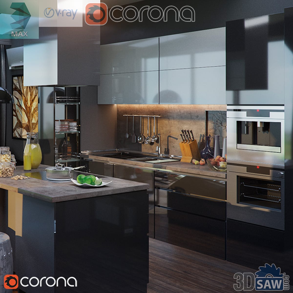 Download 3ds Max Modern Grey Gloss Kitchen 3D Model Modern grey high-gloss kitchen with wood-topped island, built-in ovens and stone backsplash