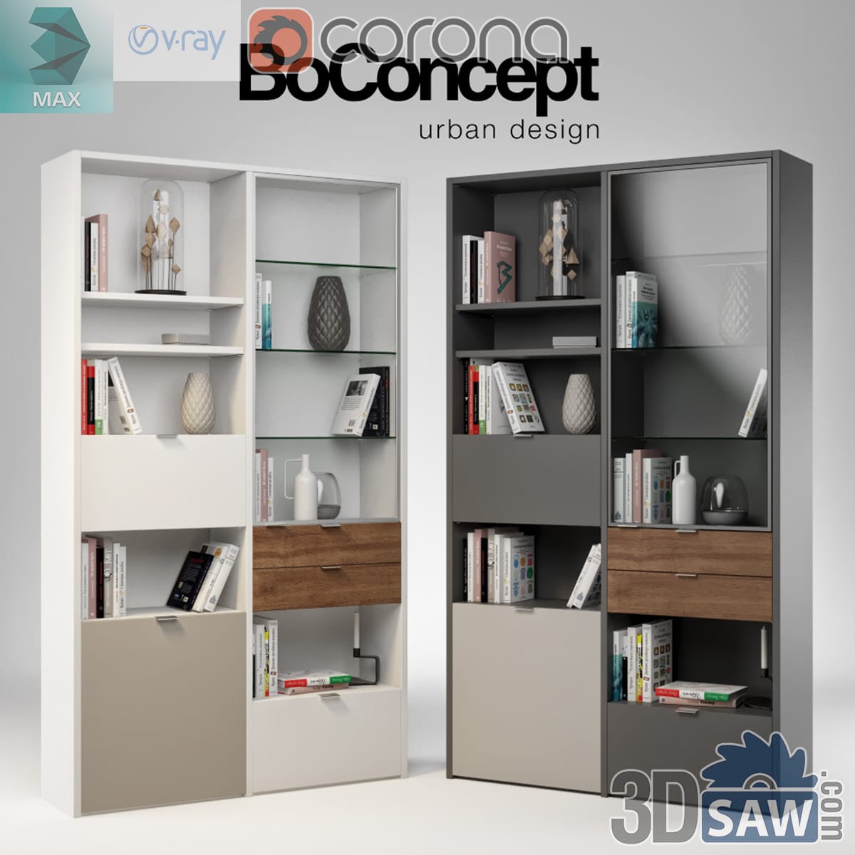 Modern bookcase in white and grey finishes with open shelves, a walnut drawer box and storage bins