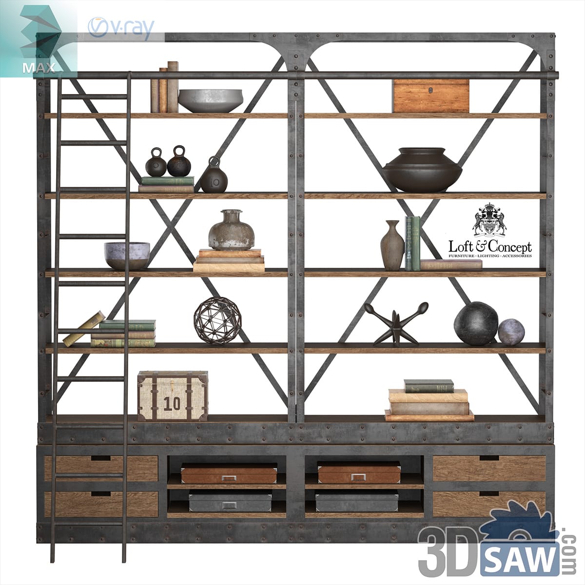 Industrial iron-frame shelving with reclaimed wood shelves, a sliding ladder and lower drawers