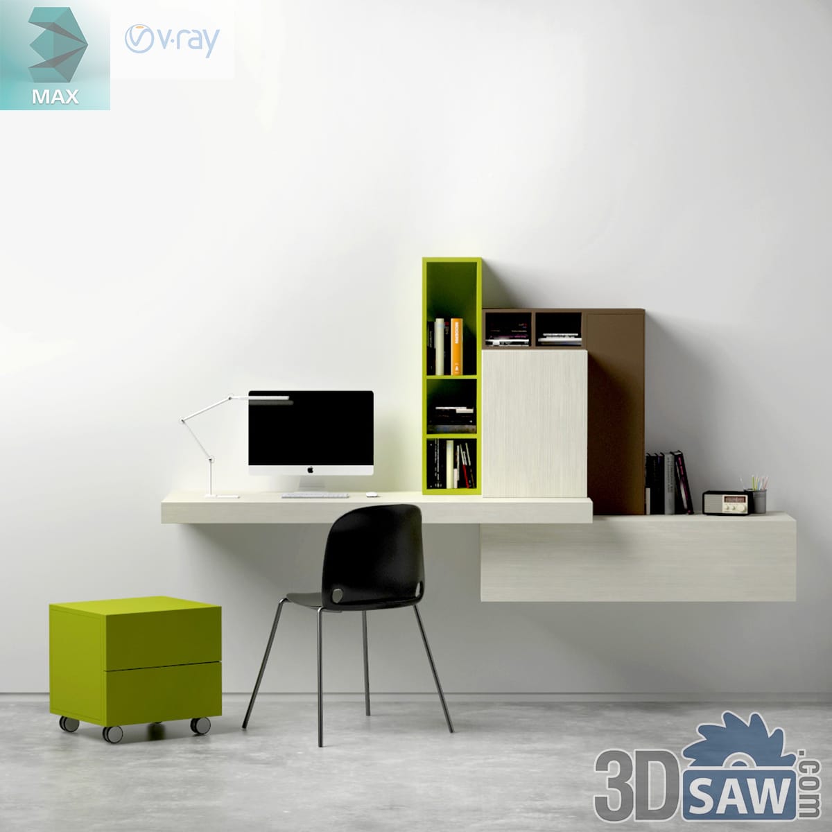 Wall-mounted white-oak desk with lime-green cube shelving, a walnut cabinet and a castor pedestal