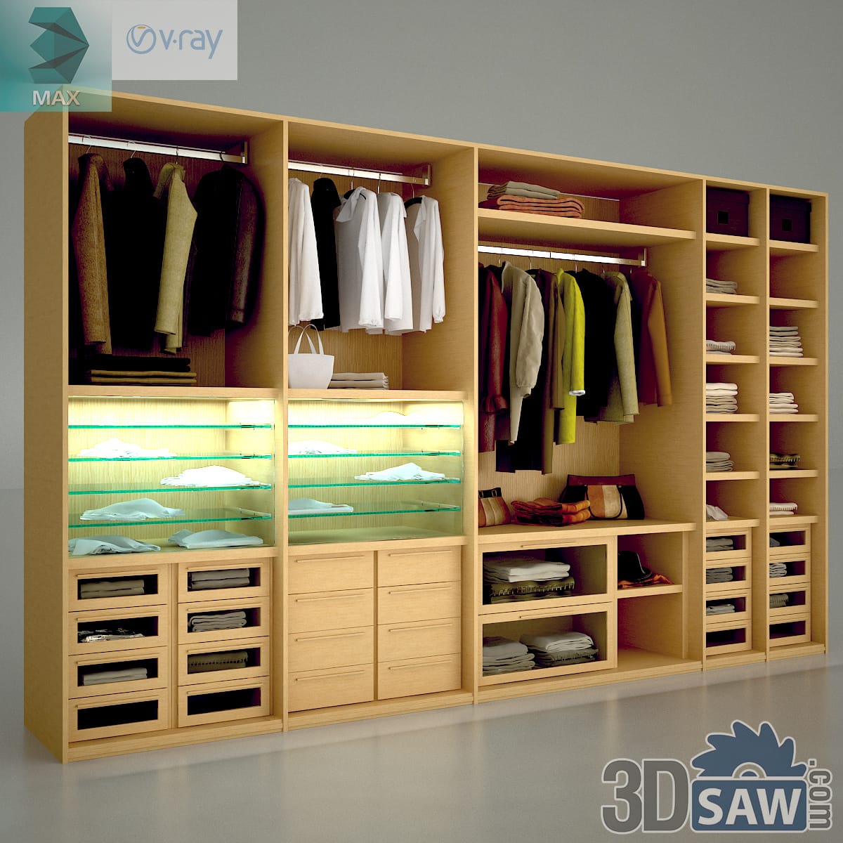 Pale maple walk-in wardrobe with hanging bays, backlit green glass shelves and lower drawers
