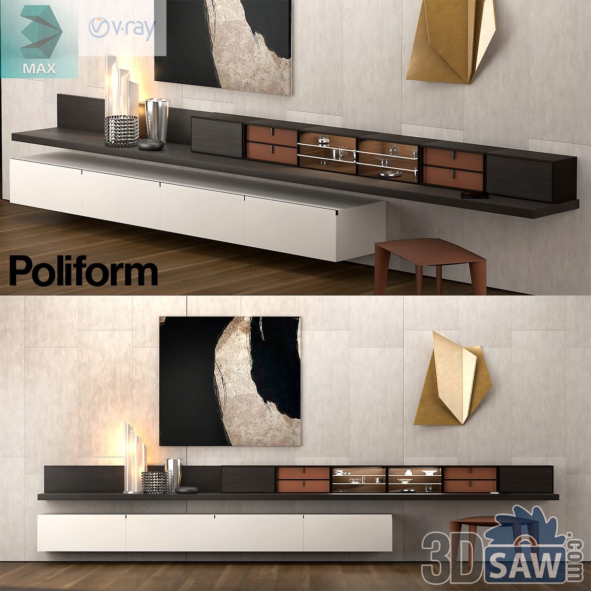 Long wall-mounted media console with a dark drawer shelf over a white cabinet run and styling props
