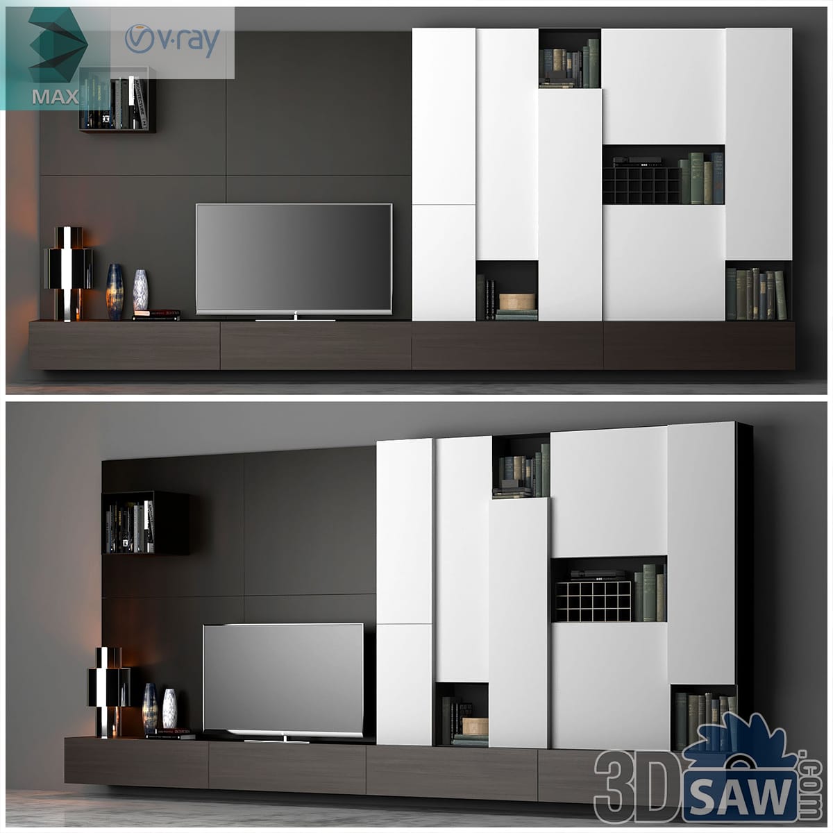 Media wall with a dark low console, white push-latch cabinets, open niches and a flat television