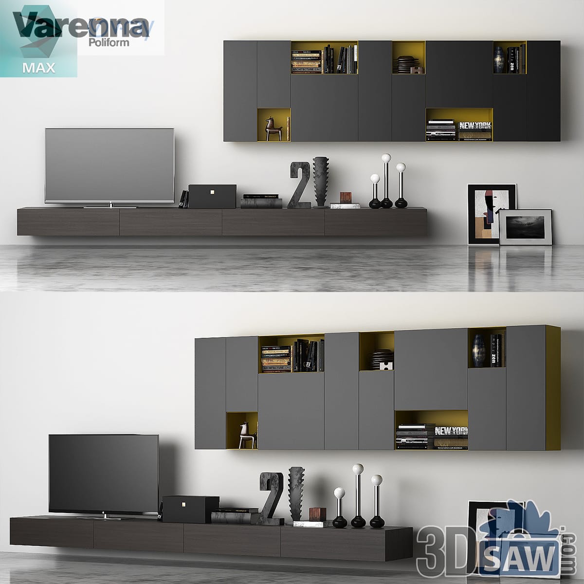 Grey wall-mounted media cabinets with yellow-lined niches above a long dark TV console