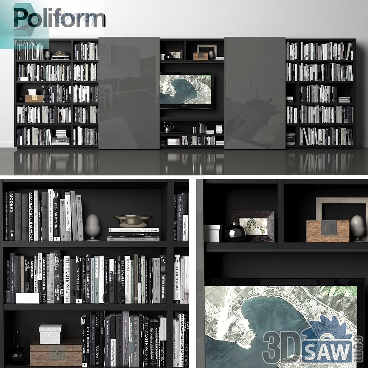 Black bookcase wall with glossy grey sliding panels covering a central television niche