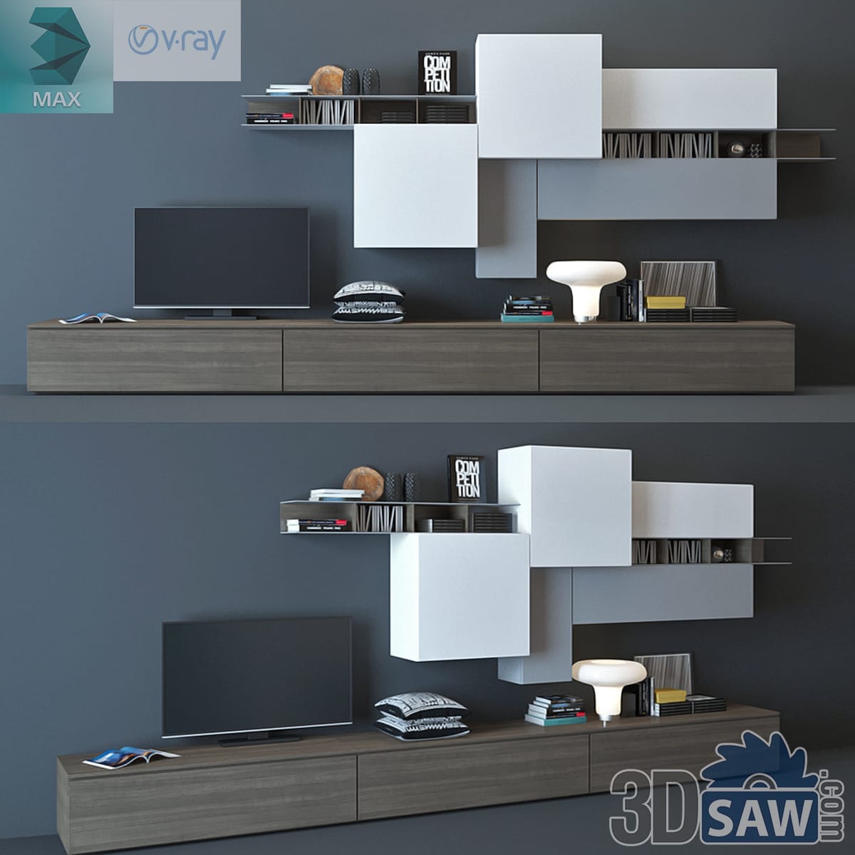 Grey-blue TV wall with a low dark console and white floating cube cabinets on steel shelves