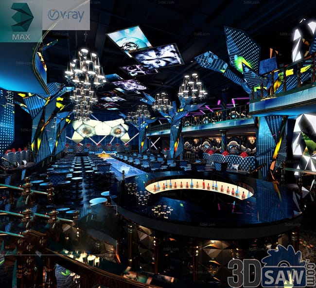 Blue-lit multi-level nightclub with mirror walls, video screens and a curved central bar