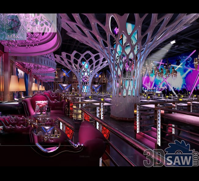 Magenta lounge nightclub with white tree sculptures, velvet sofa booths and a lit stage