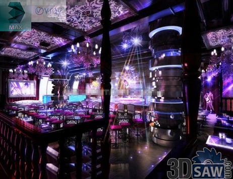 Dark nightclub in purple and blue light with a raised stage, mirrored columns and a long bar