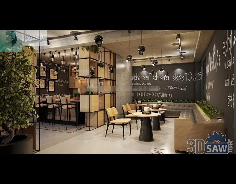 Industrial coffee shop with a chalk-lettered wall, black globe pendants and a green banquette