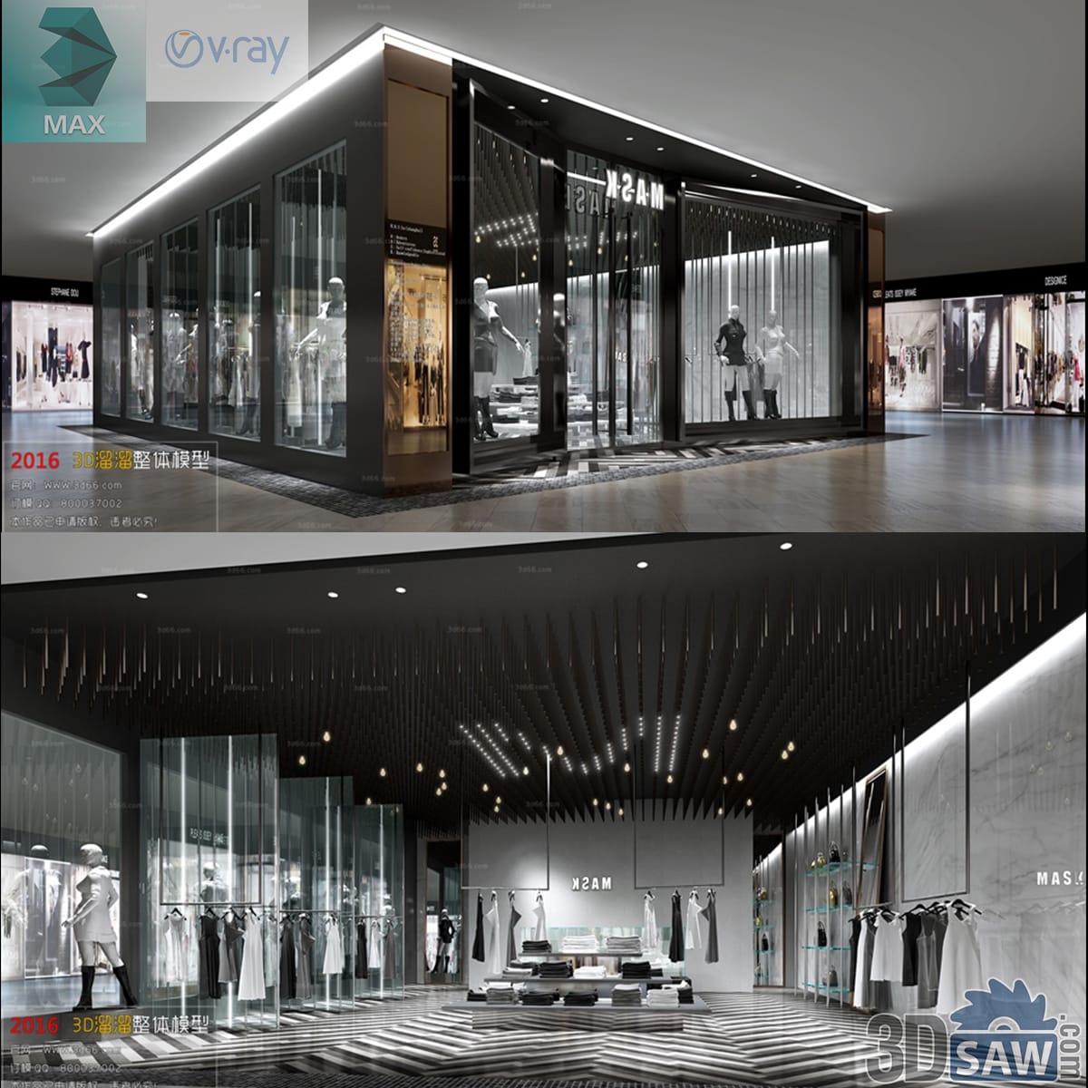 Monochrome fashion boutique with a glass storefront, window mannequins and chrome garment rails