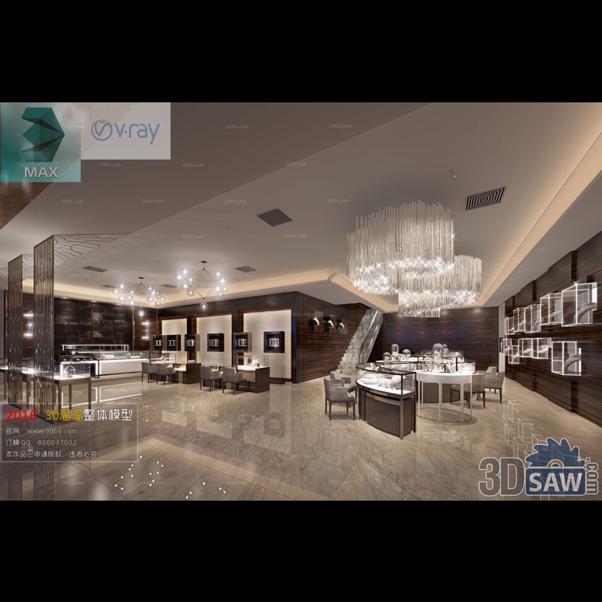 Luxury jewellery showroom with lit glass display cases, a crystal chandelier and marble floor
