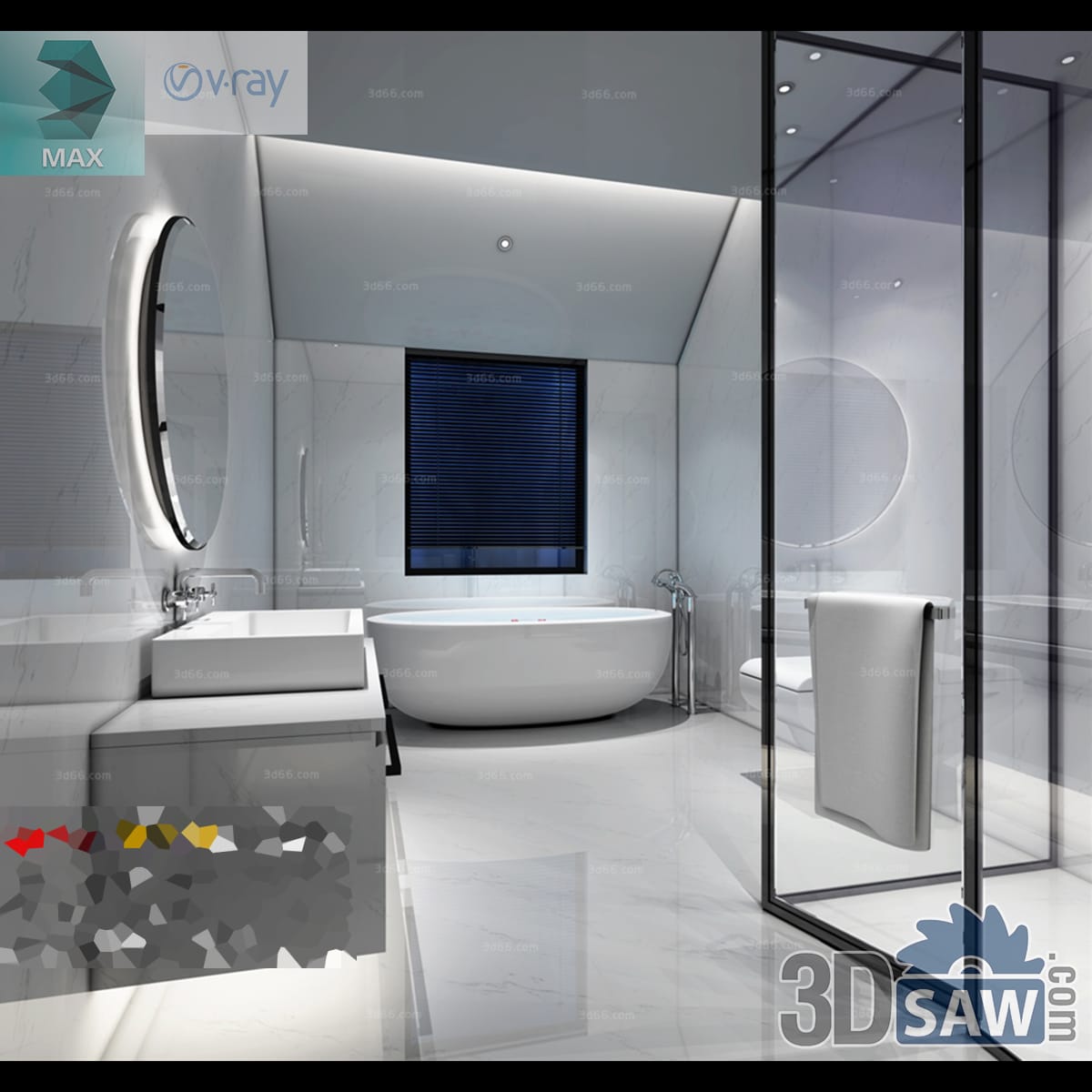 Marble bathroom with a freestanding oval tub, vessel-basin vanity and black-framed glass shower screen