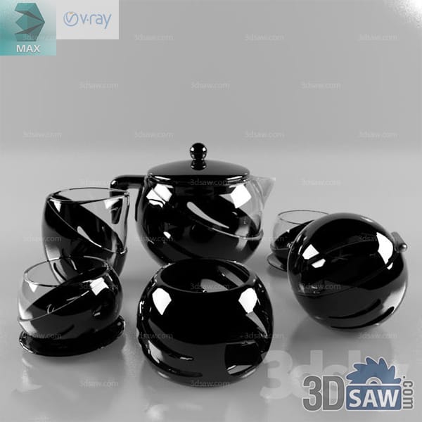 High-gloss black tea set with a round teapot, sugar bowl and squat cups on low dishes