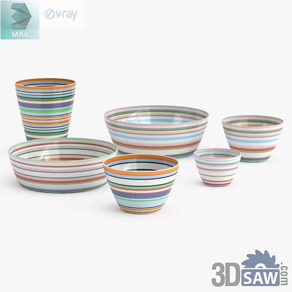 Set of white ceramic bowls and a beaker glazed in fine horizontal rainbow stripes