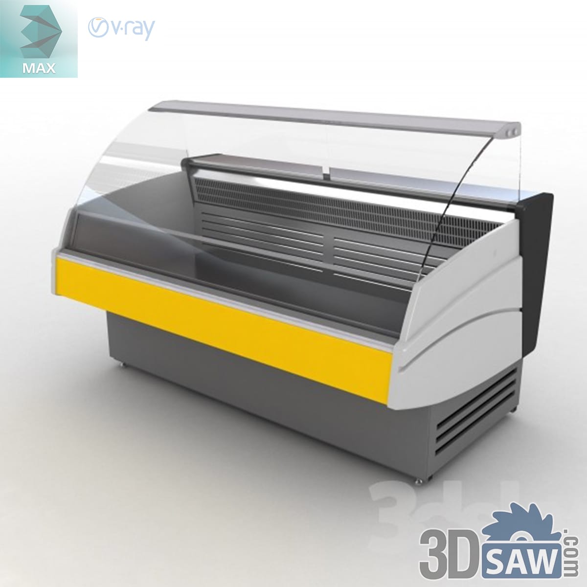 Serve-over deli counter with a high curved front glass, stainless deck and yellow base panel