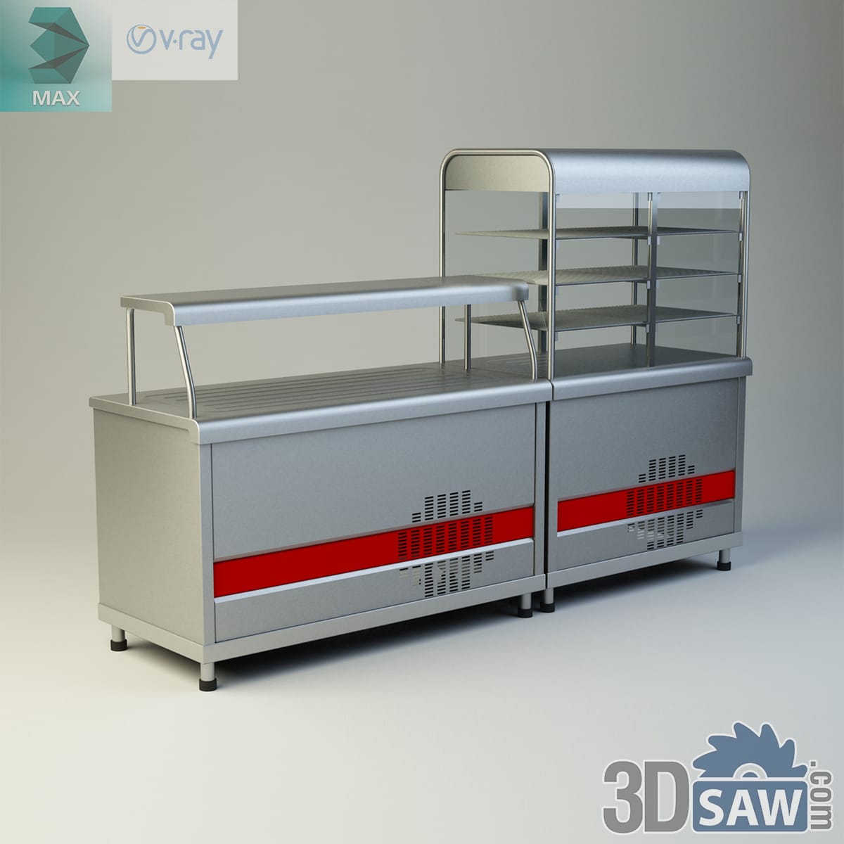 Stainless servery counter with a tray shelf next to a stepped glass merchandiser on red-striped cabinets