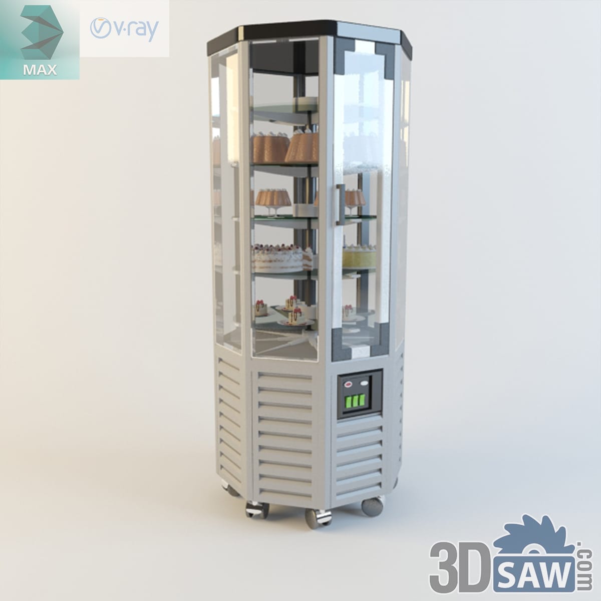 Tall four-sided glass display fridge on castors with rotating shelves of cakes and a louvred base