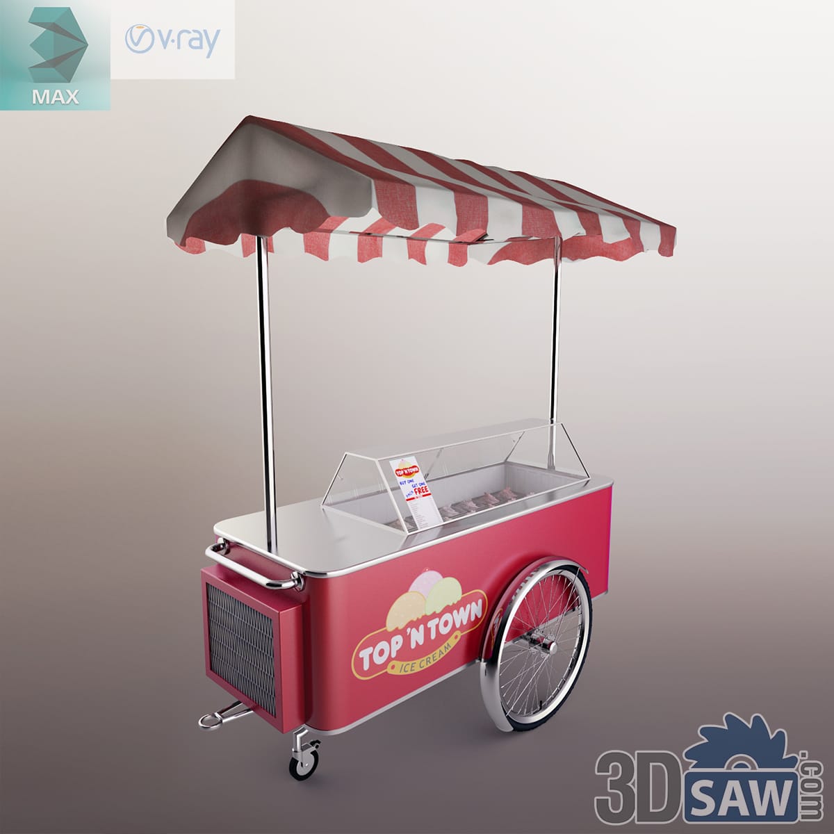 Pink ice cream cart on a spoked wheel with a striped parasol and a glass lid over gelato tubs