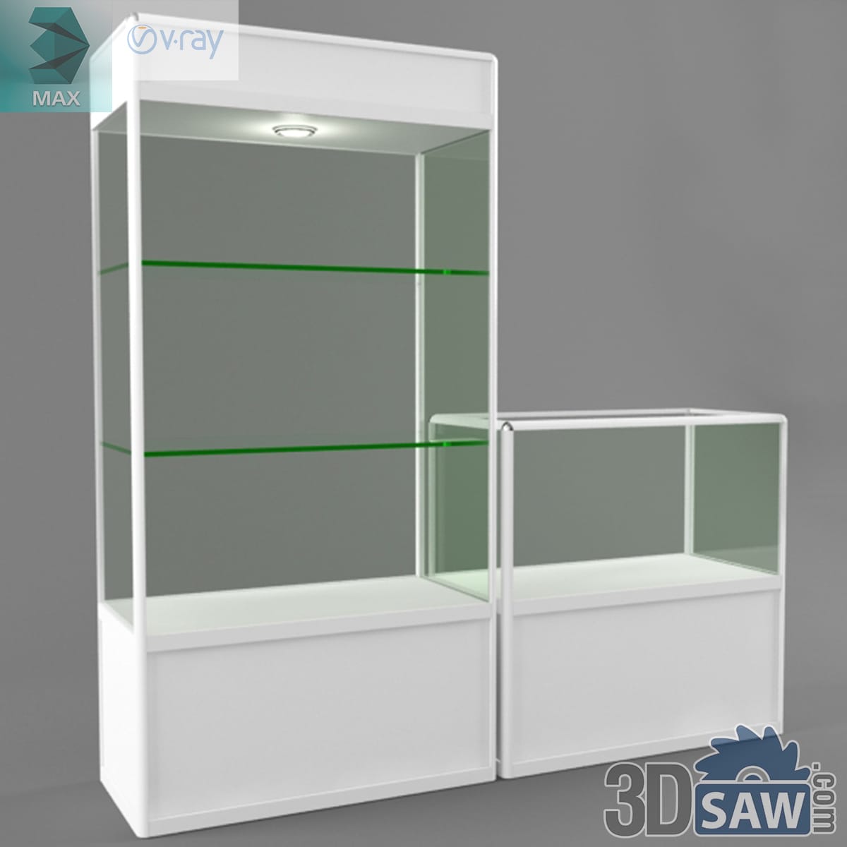 Tall white-framed glass display cabinet with lit shelves beside a waist-height glass display counter