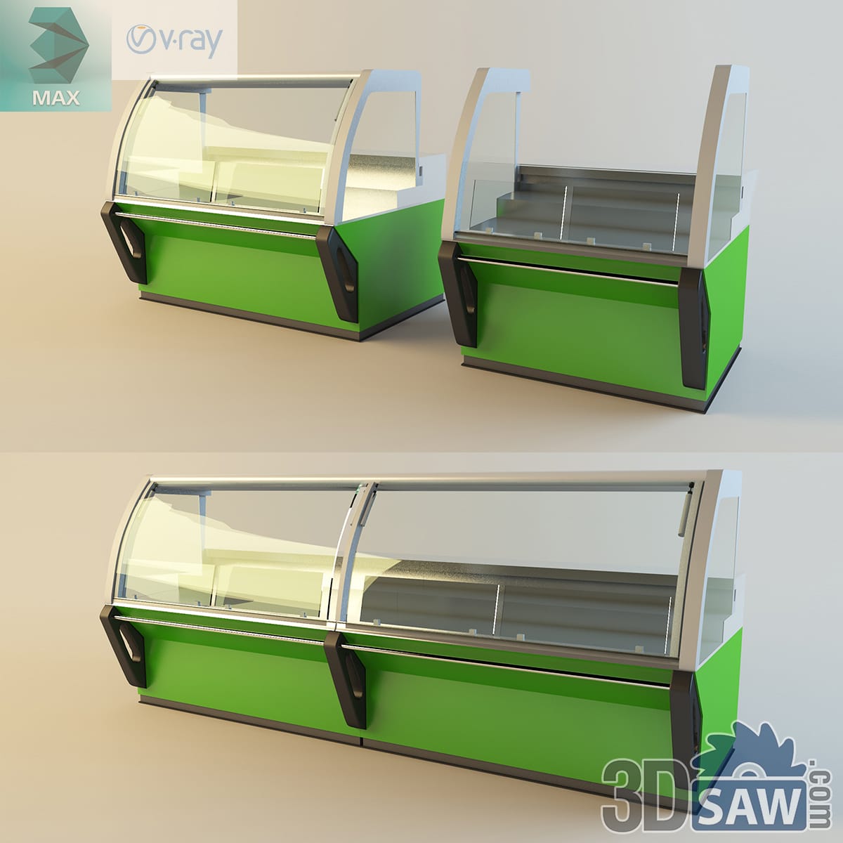 Green serve-over chiller counter with a curved front glass and stainless deck, shown singly and paired