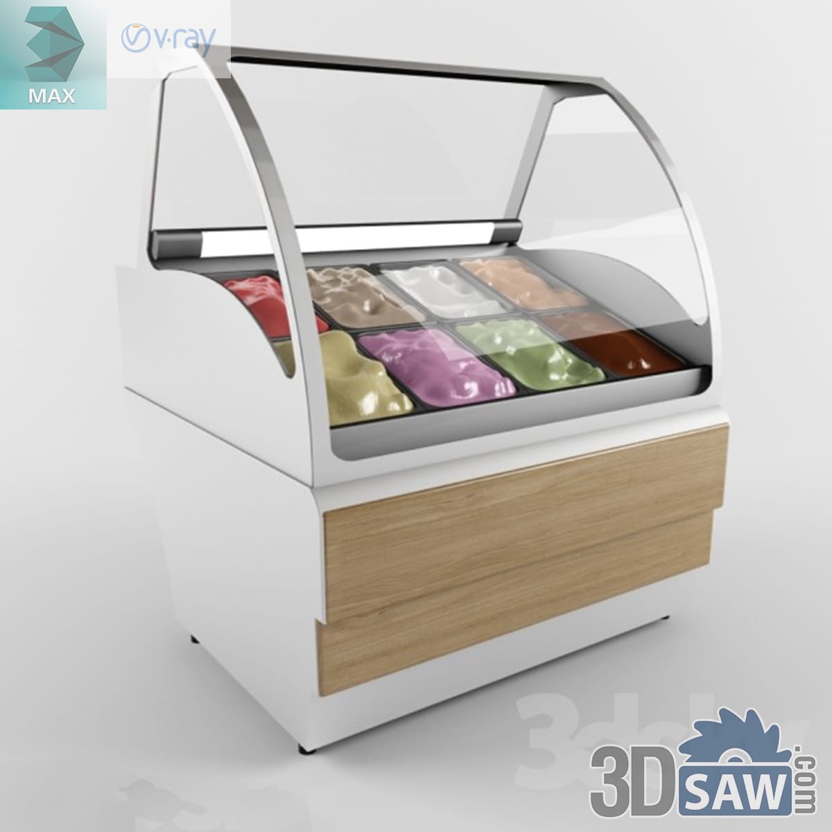 Curved-glass gelato display freezer with an oak front panel and ten pans of coloured ice cream