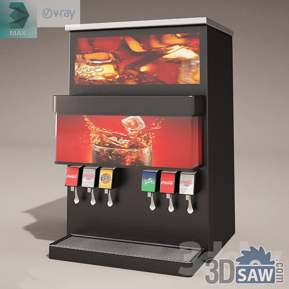 Matte black six-head soda fountain dispenser with backlit panels and chrome levers over a drip tray