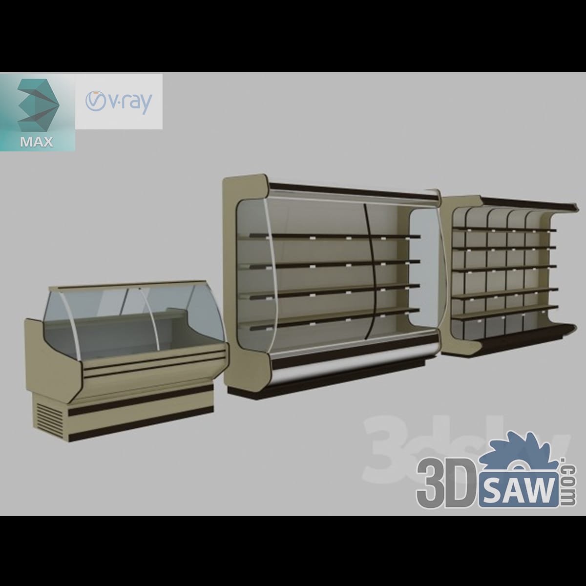 Olive-toned supermarket set with a serve-over counter, an open multideck chiller and dry gondola shelving