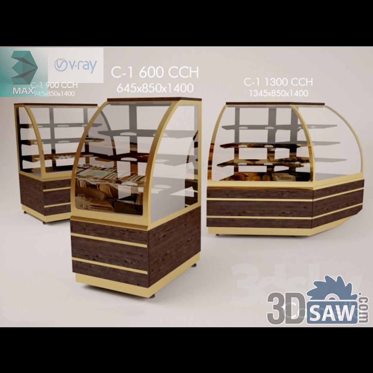 Three curved-glass patisserie cases with gold frames and dark reeded-wood bases in graded widths