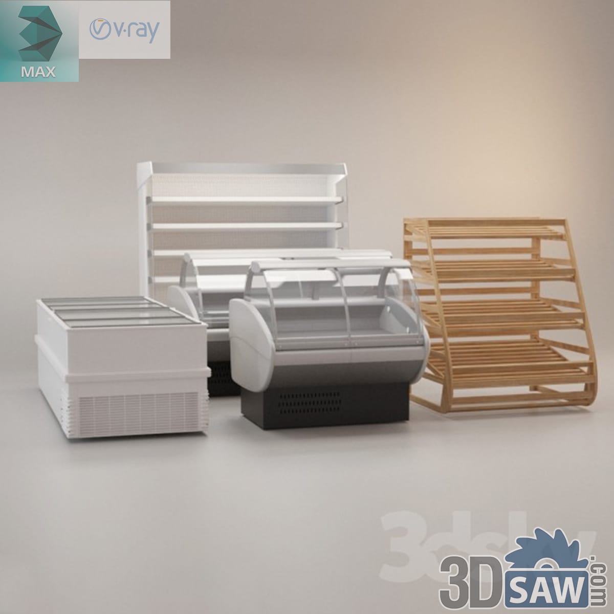 White retail set with a chest freezer, multideck chiller, serve-over counter and a tiered timber bakery rack