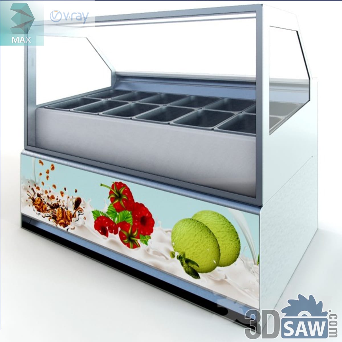Stainless heated food display case with a stepped glass front and shelves of ready-meal cups