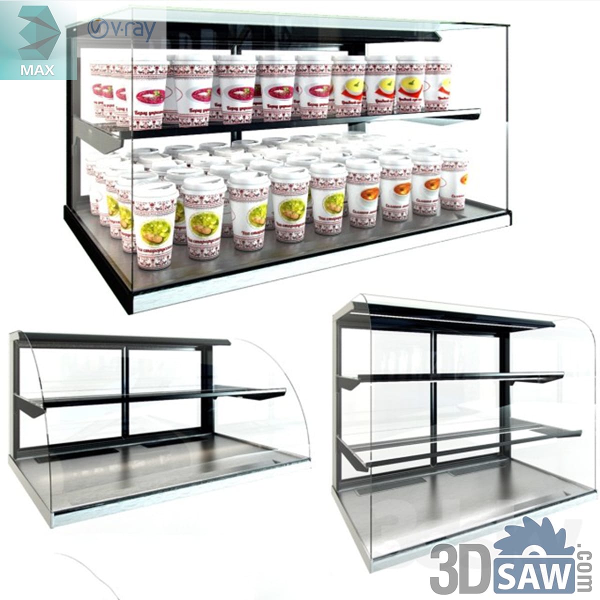 Refrigerated topping well with stainless pans under a glass hood beside two open-front counter cases