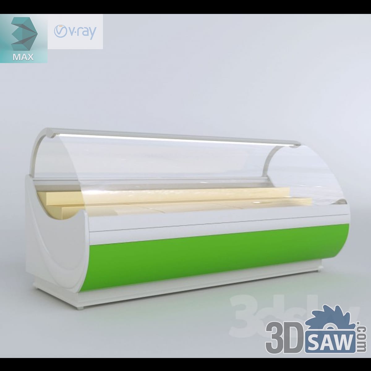 White serve-over deli counter with a broad curved front glass and a lime-green kick panel