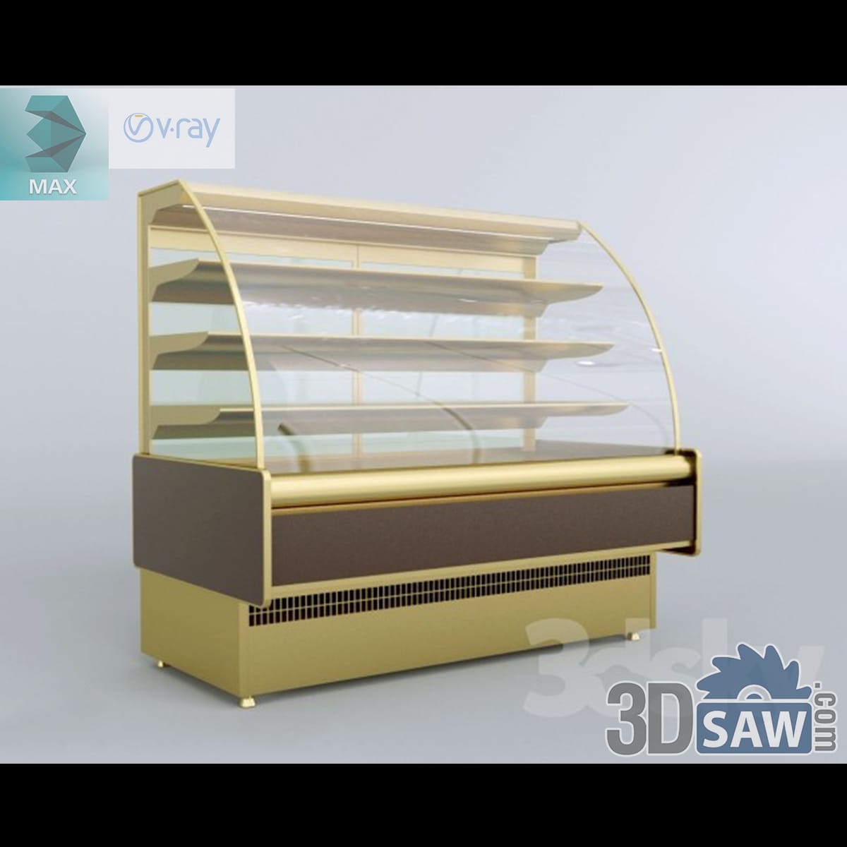 Open-front patisserie merchandiser with four lit glass shelves, a gold frame and a dark timber body