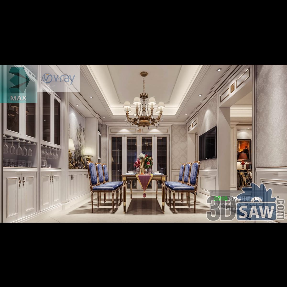 Classic dining room with blue-and-gold side chairs, glazed china cabinets and a brass chandelier