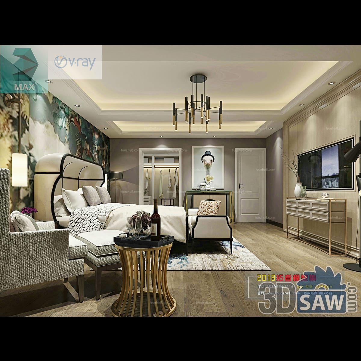 Contemporary bedroom with a painterly floral mural wall, black-framed bed, brass sputnik chandelier and a hammered gold drum side table