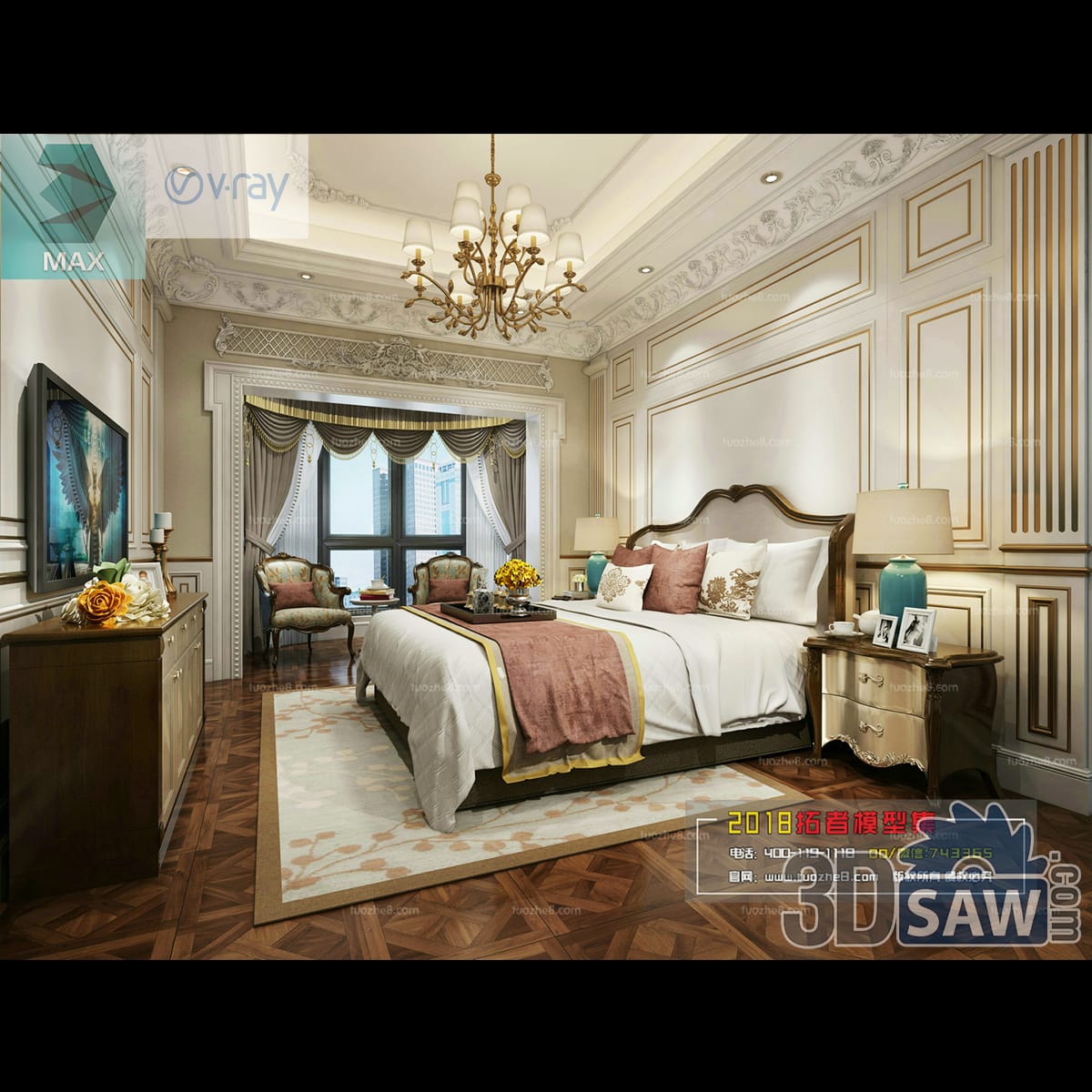 Classic bedroom with cream panelling, a carved wood bed in dusty-pink linen, gold chandelier and a swag-valance bay window with bergere chairs
