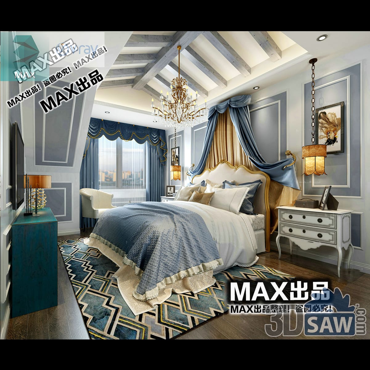 Luxury bedroom with a blue-and-gold draped canopy bed, painted ceiling beams, crystal chandelier and an ornate white carved chest