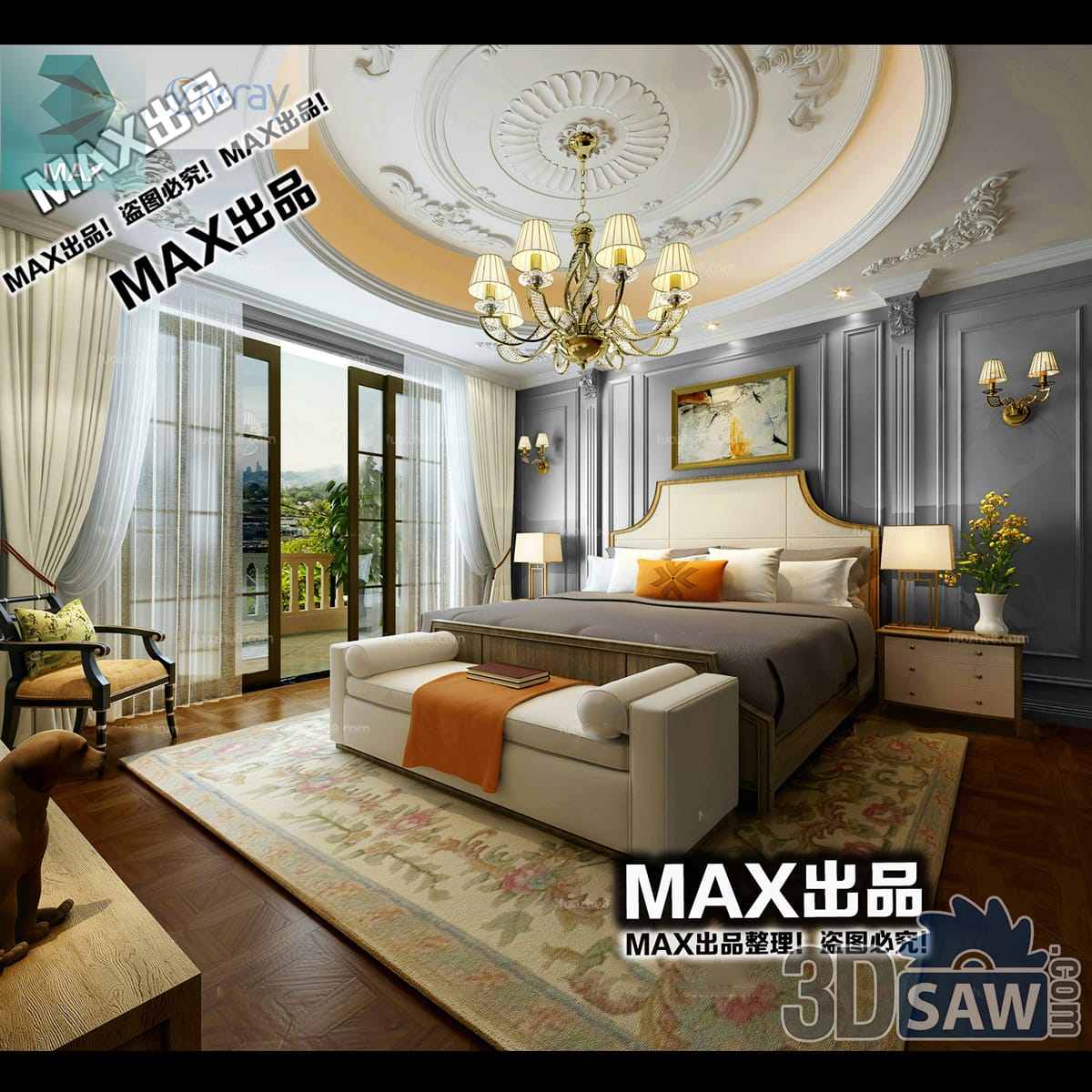 Classic bedroom with an elaborate plaster ceiling medallion, brass chandelier, grey panelling, upholstered bed and a floral Aubusson rug
