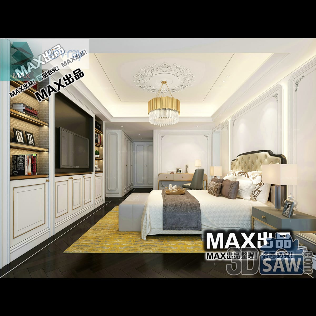 Classic bedroom with a white built-in bookcase and recessed wall TV, gold drum pendant, tufted headboard and a corner dressing desk