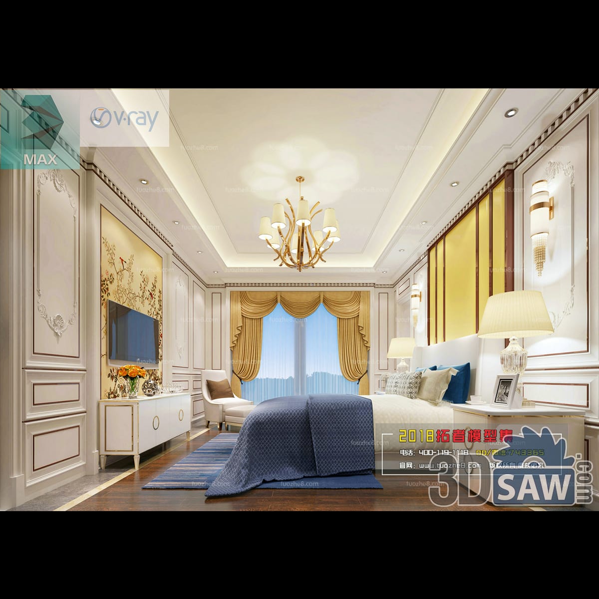 Luxury bedroom with gold-edged cream moulding, a carved relief panel, wall TV on a white sideboard and a petal-form chandelier