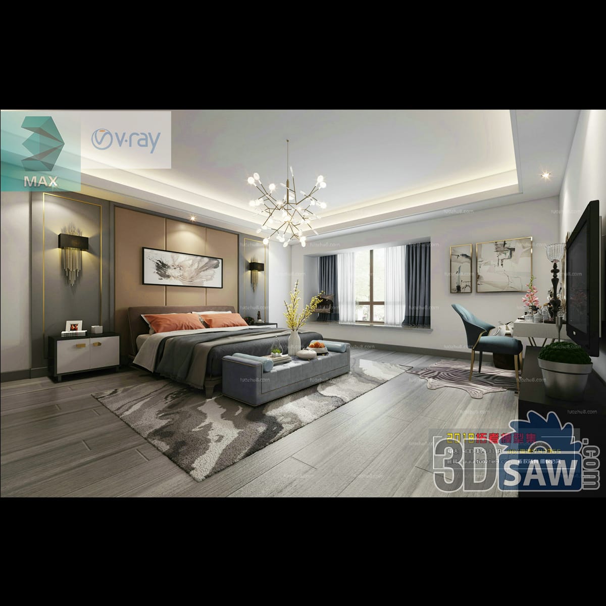 Contemporary grey bedroom with a taupe headboard wall, framed ink landscape, molecule chandelier and a grey storage bench