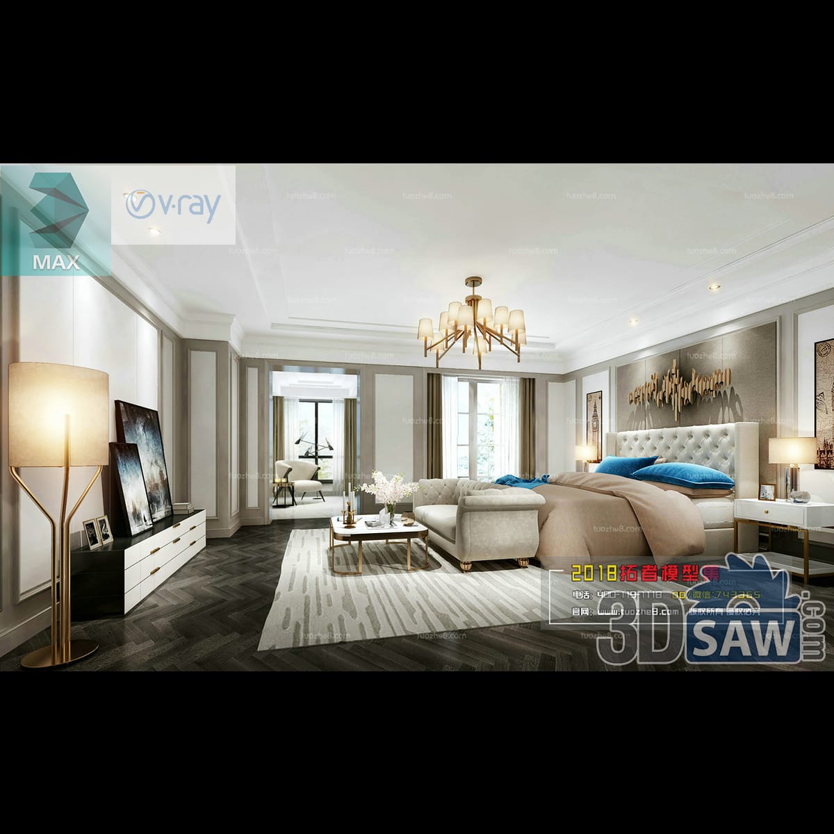 Luxury bedroom with a tall white tufted headboard, teal bedding, gold sputnik chandelier, sculptural floor lamp and a chaise