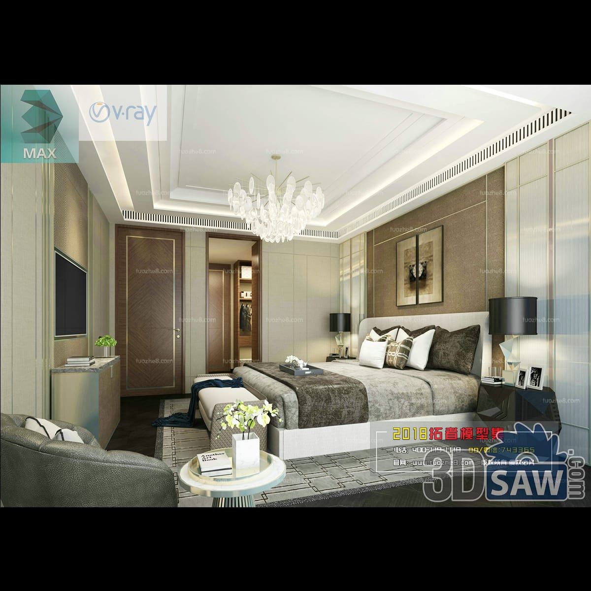 Luxury beige bedroom with a crystal chandelier, wall-mounted TV, a walk-in wardrobe doorway and an upholstered bench with a grey armchair