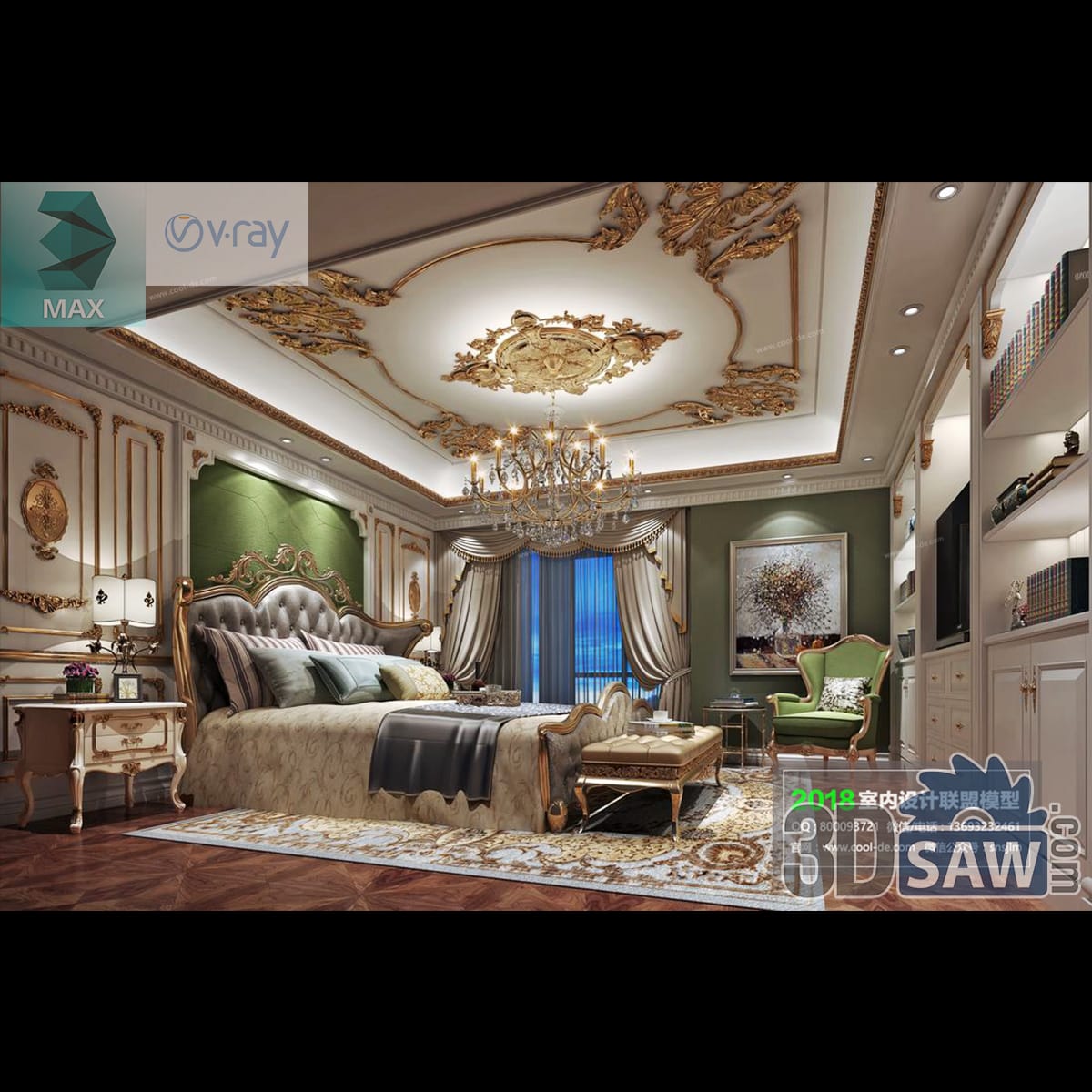 Ornate luxury bedroom with a gilt ceiling relief, crystal chandelier, carved gilt canopy bed and a green upholstered wall panel